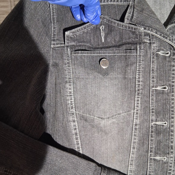 Vintage Women's Linen Denim Jacket Button Front Gray Fitted Waist XL Y2k - Picture 13 of 17